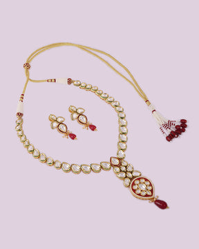 Red Badam Kundan Necklace Set
